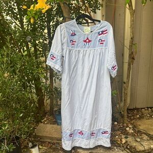 Unique Vintage Blue Striped Midi Dress with Red and White 4th of July dress